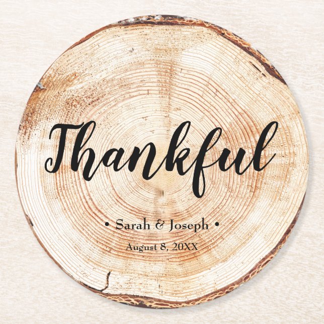 Wood Grain Rustic Wedding Thankful Favor Coaster (Front)