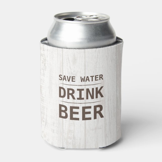 Wood Grain Save Water Drink Beer Personalized Name Can Cooler (Can Front)
