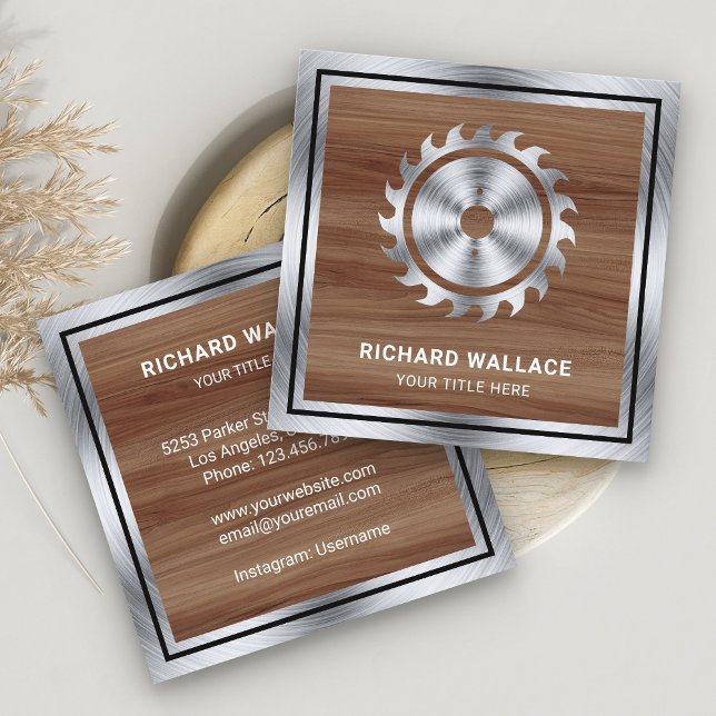 Wood Grain Steel Circular Saw Handyman Carpenter Square Business Card (Creator Uploaded)