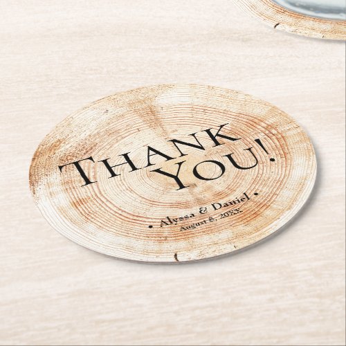 Wood Grain Thank You Rustic Wedding Favor Round Paper Coaster