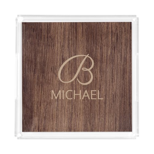 Wood Grain Timber With Monogram Personalized Name Acrylic Tray