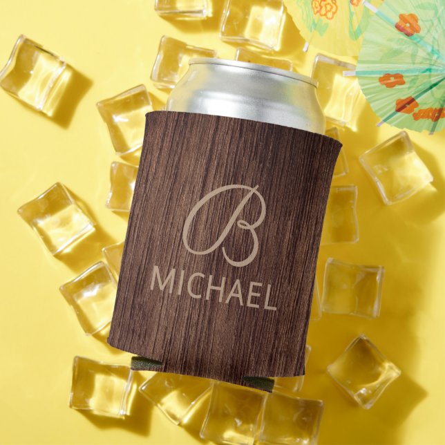 Wood Grain Timber With Monogram Personalized Name Can Cooler (In Situ Summer)
