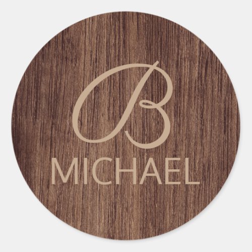 Wood Grain Timber With Monogram Personalized Name Classic Round Sticker