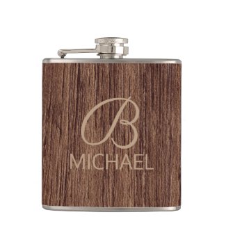 Wood Grain Timber With Monogram Personalized Name Flask