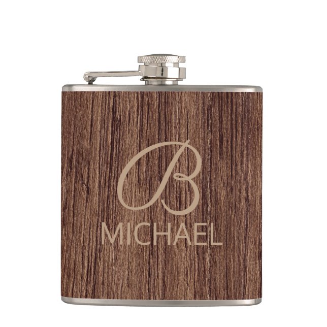 Wood Grain Timber With Monogram Personalized Name Flask (Front)