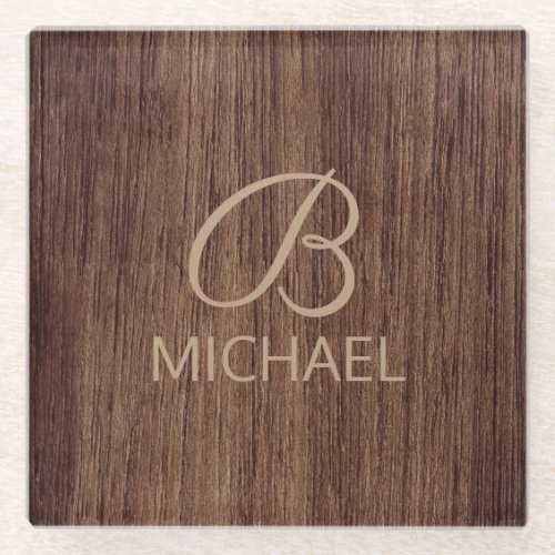 Wood Grain Timber With Monogram Personalized Name Glass Coaster