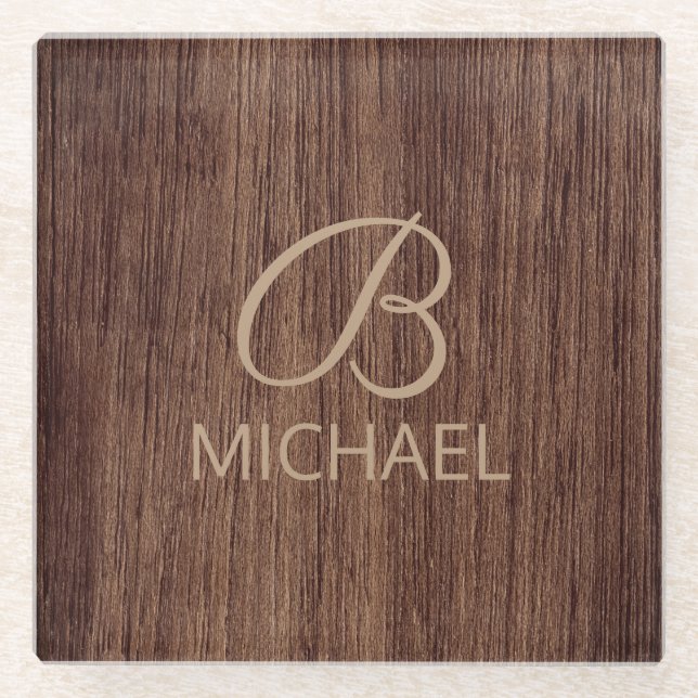 Wood Grain Timber With Monogram Personalized Name Glass Coaster (Front)