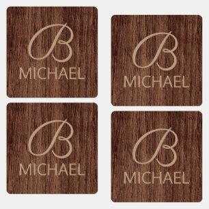 Wood Grain Timber With Monogram Personalized Name Labels