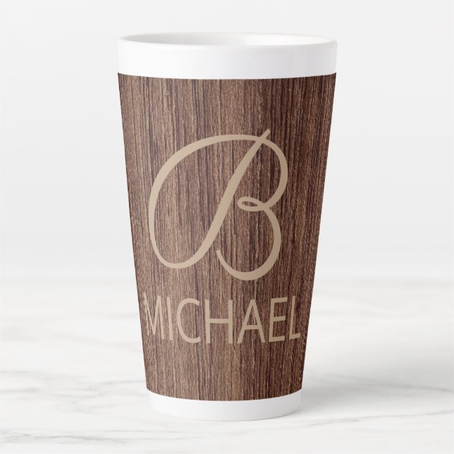 Wood Grain Timber With Monogram Personalized Name Latte Mug (Front)