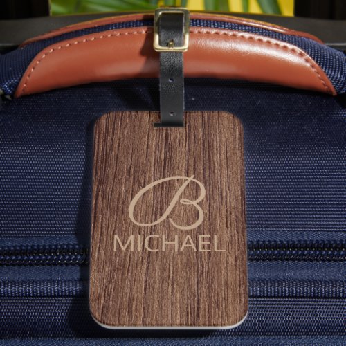Wood Grain Timber With Monogram Personalized Name Luggage Tag