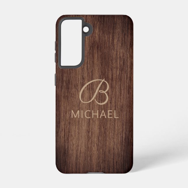 Wood Grain Timber With Monogram Personalized Name Samsung Galaxy Case (Back)