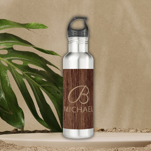 Wood Grain Timber With Monogram Personalized Name Stainless Steel Water Bottle