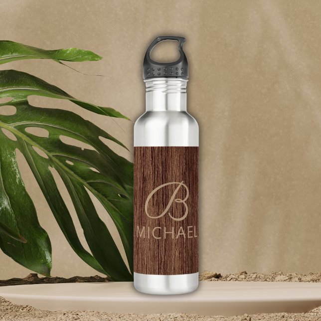 Wood Grain Timber With Monogram Personalized Name Stainless Steel Water Bottle (Creator Uploaded)