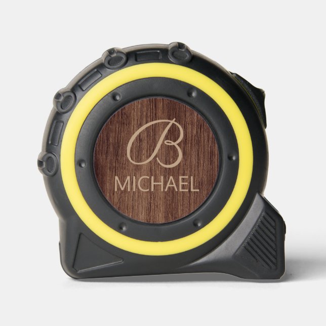 Wood Grain Timber With Monogram Personalized Name Tape Measure (Front)