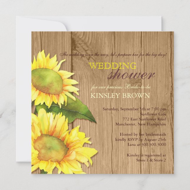 Wood Grain Watercolor Sunflowers Wedding Shower Invitation (Front)