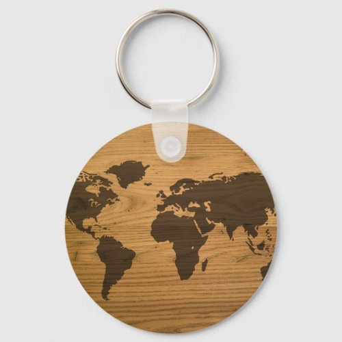 Wood Grain World Map Keychain