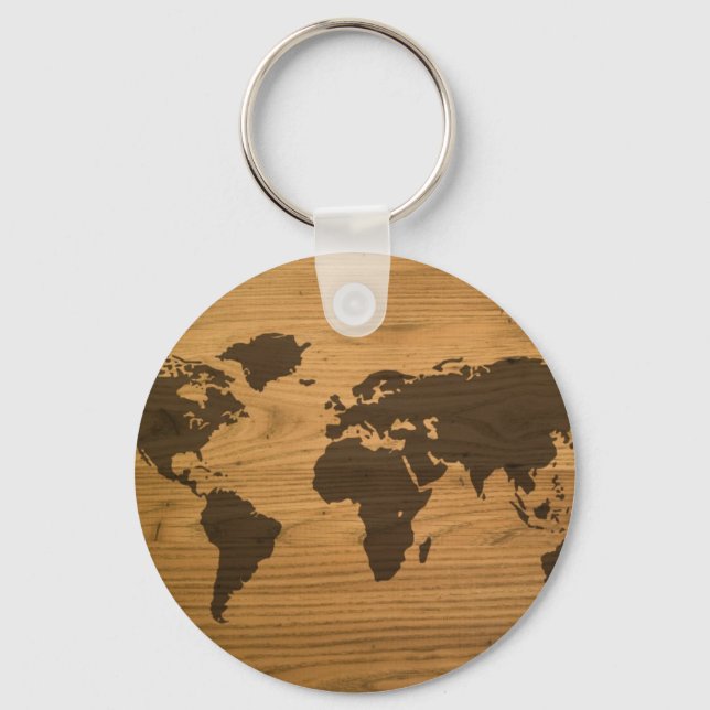 Wood Grain World Map Keychain (Front)