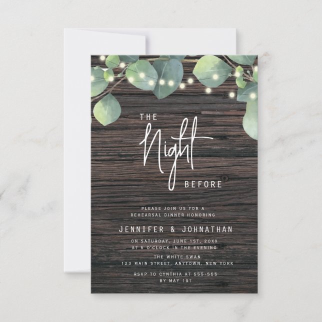 Wood Greenery Lights Rehearsal Dinner Invitation (Front)