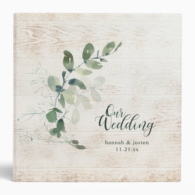 Wood Greenery Script Wedding Planner Photos 3 Ring Binder (Front)