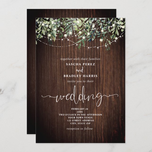 Wood Greenery String Lights Wedding Invitation (Front/Back)