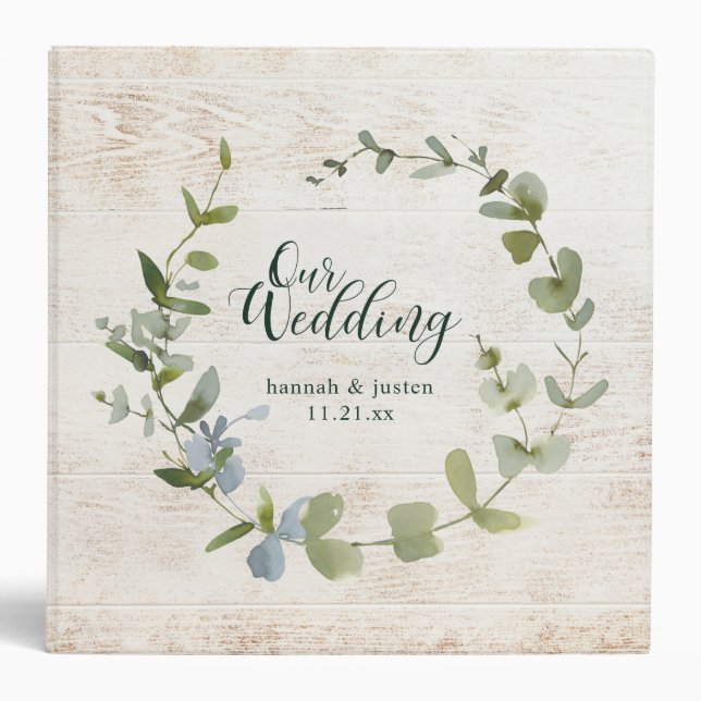 Wood Greenery Wreath Script Wedding Planner 3 Ring Binder (Front)
