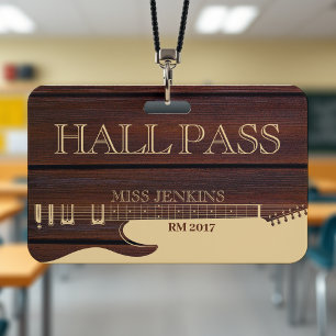 Wood Guitar Music School Teacher Student Hall Pass Badge