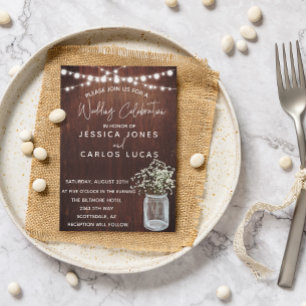 Wood Gypsophila Baby's Breath Mason Jar Lights Invitation