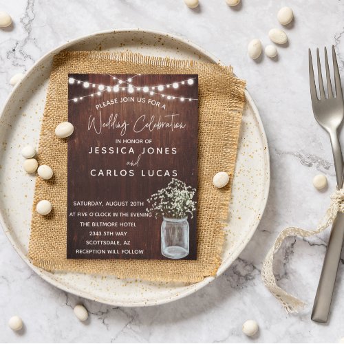 Wood Gypsophila Babys Breath Mason Jar Lights  Invitation