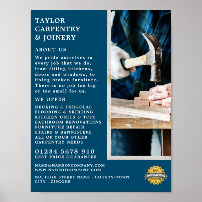 Wood & Hammer, Carpentry, Carpenter Advertising Poster (Front)