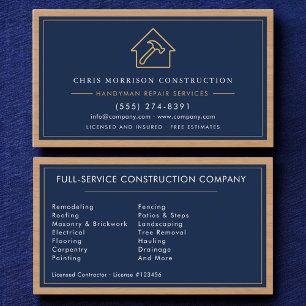 Wood Handyman Construction Navy Blue Gold  Business Card