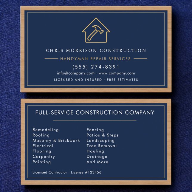 Wood Handyman Construction Navy Blue Gold  Business Card (Creator Uploaded)