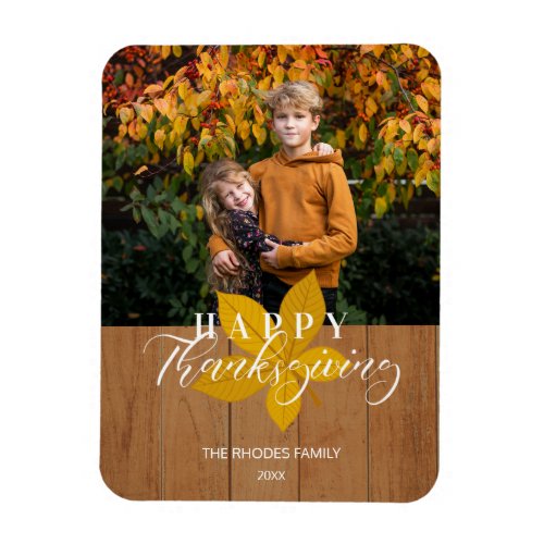 Wood Happy Thanksgiving Script Leaves Photo Magnet