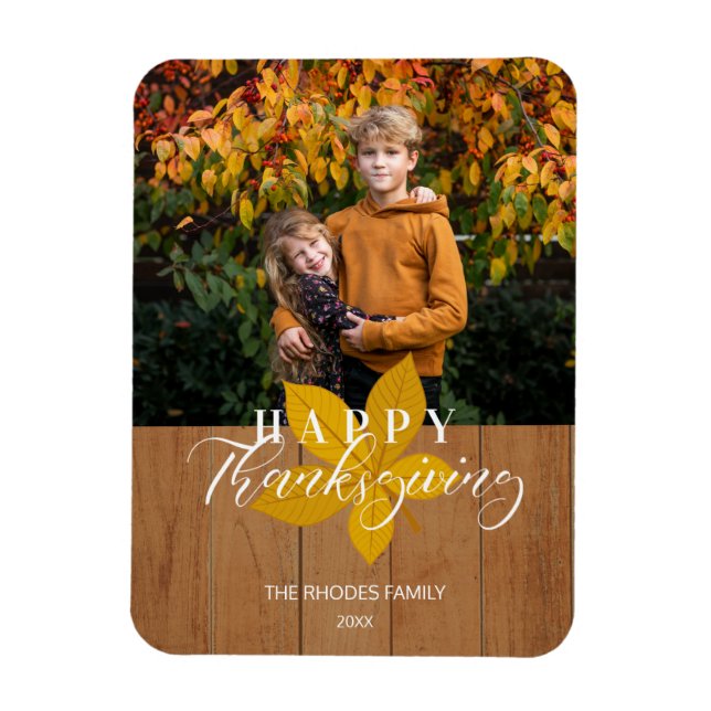 Wood Happy Thanksgiving Script Leaves Photo Magnet (Vertical)