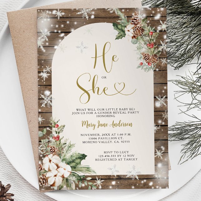 Wood He or She Christmas Floral Gender Reveal Invitation (Creator Uploaded)