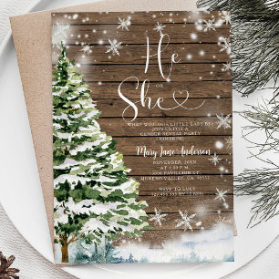 Wood He or She Evergreen Winter Gender Reveal Invitation