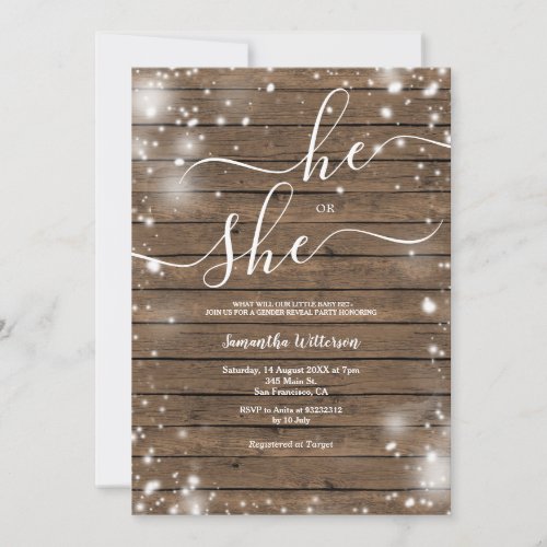 Wood He or She Snowflakes Winter Gender Reveal Invitation