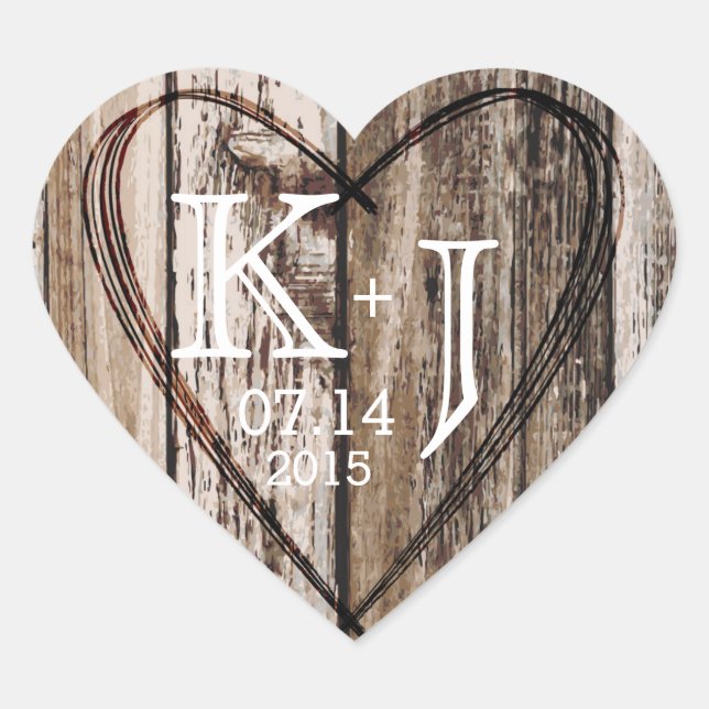 Wood Heart Etching Rustic Monogram Wedding Label (Front)