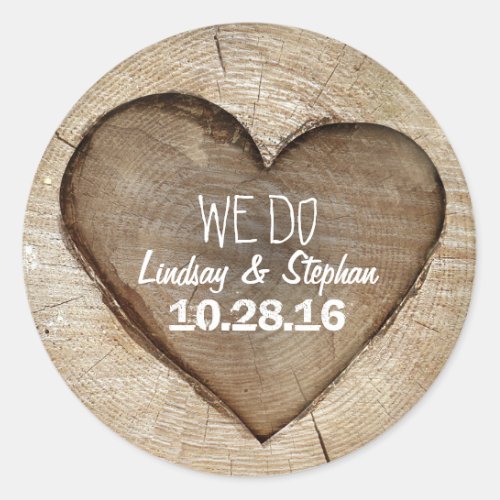 Wood Heart Rustic Wedding Classic Round Sticker - Wood heart rustic country wedding stickers