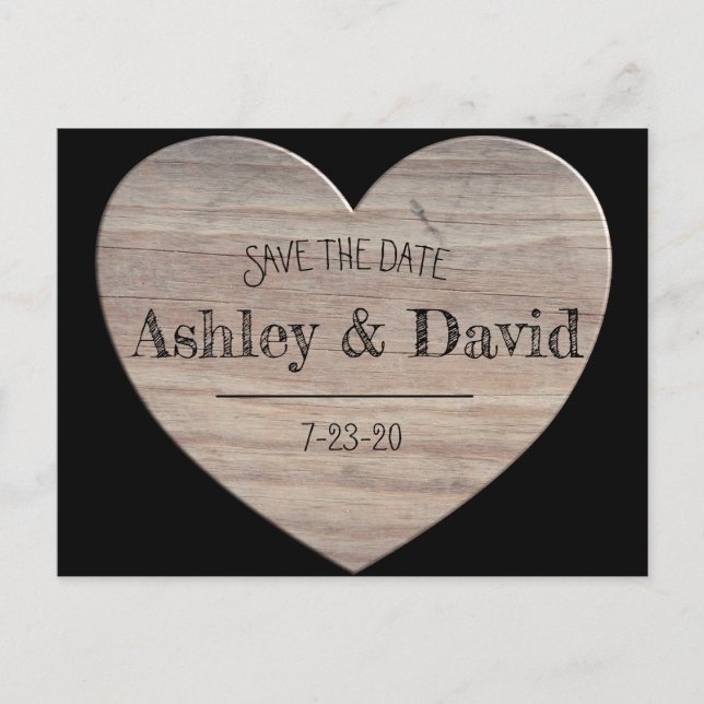 Wood Heart Save The Date Postcard (Front)