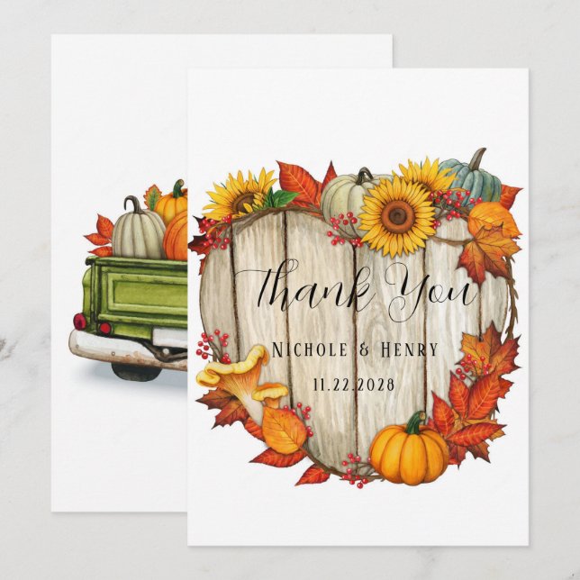 Wood Heart Shape Pumpkin Wedding Thank You Cards (Front/Back)