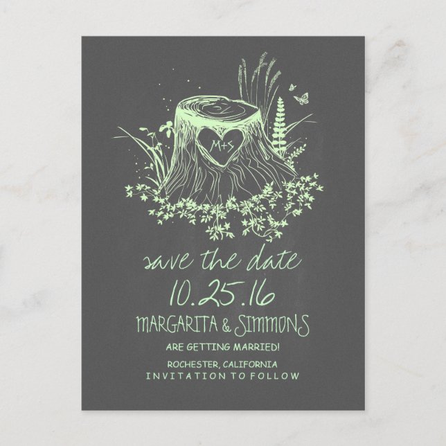 wood heart stump rustic country save the date announcement postcard (Front)