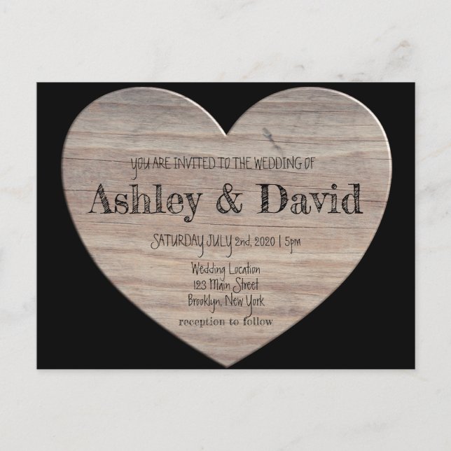 Wood Heart Wedding Invitation Postcard (Front)