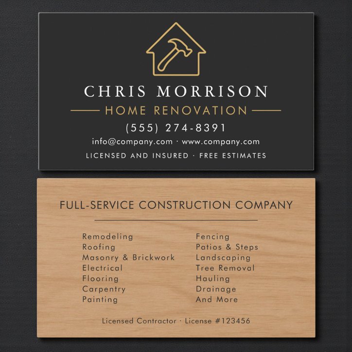 Wood Home Improvement Black Gold QR Code Business Card
