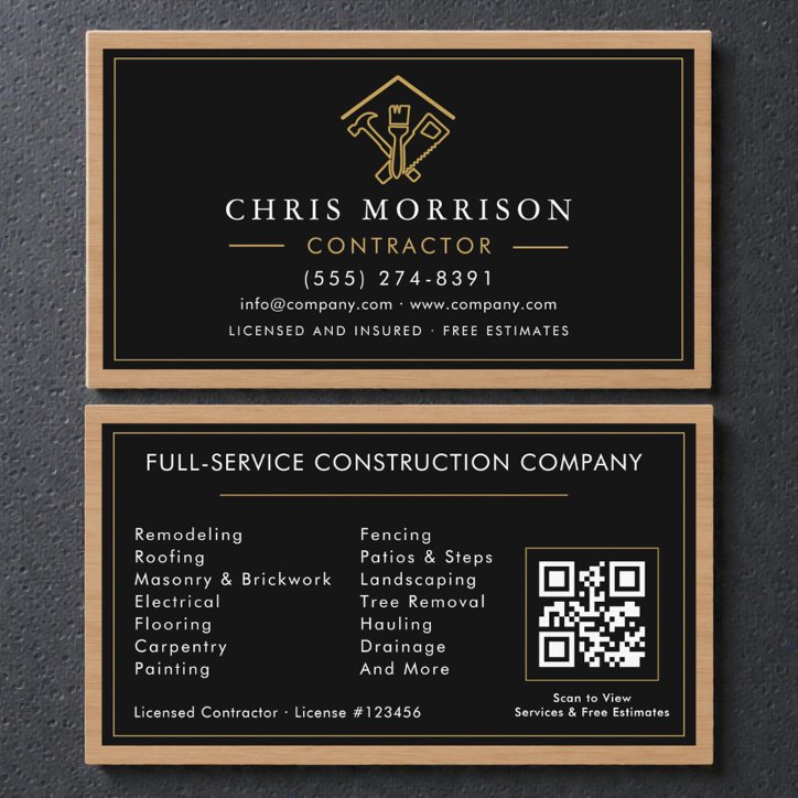 Wood Home Improvement Contractor Black Gold Business Card