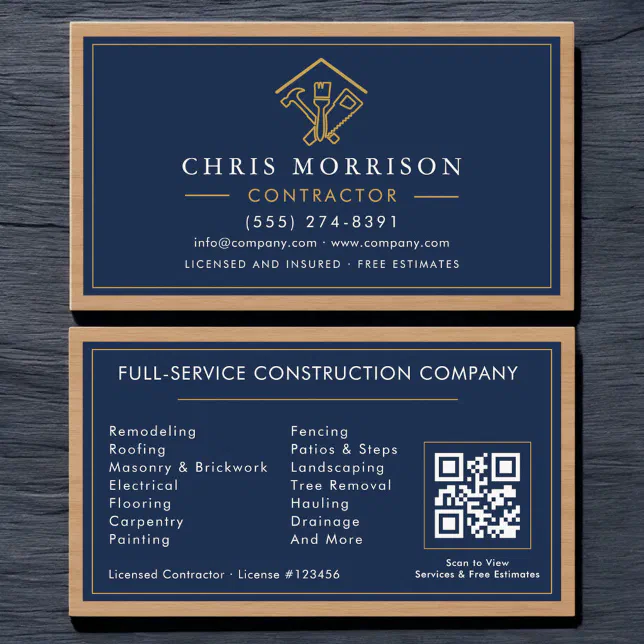 Wood Home Improvement Contractor Navy Blue Gold Business Card | Zazzle