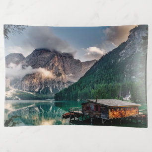 Wood House in Middle of Lake Overlooking Mountains Trinket Tray