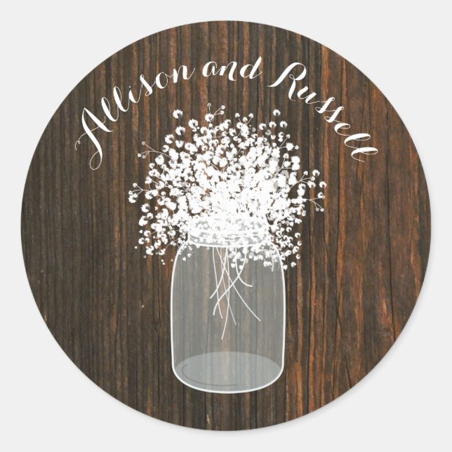 Wood Inspired Mason Jar Baby's Breath Wedding Classic Round Sticker (Front)