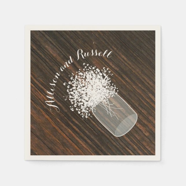Wood Inspired Mason Jar of Baby's Breath Wedding Paper Napkins (Front)