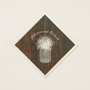 Wood Inspired Mason Jar of Baby's Breath Wedding Paper Napkins