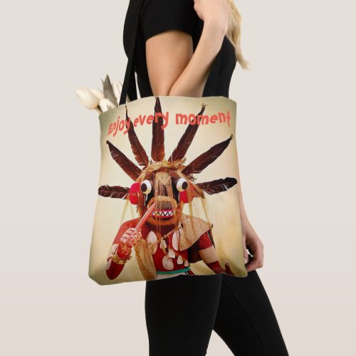 Wood Kachina Doll Funny Face Enjoy Every Moment Tote Bag